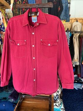 Men's Lightweight Red Denim Shirt Jacket with Snaps